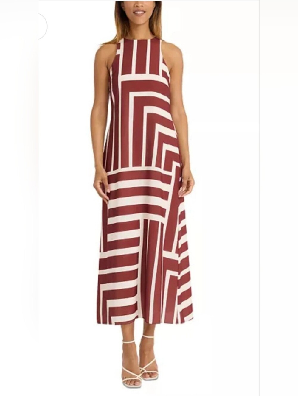 Donna Morgan Red and Cream Geometric Sleeveless Maxi Dress